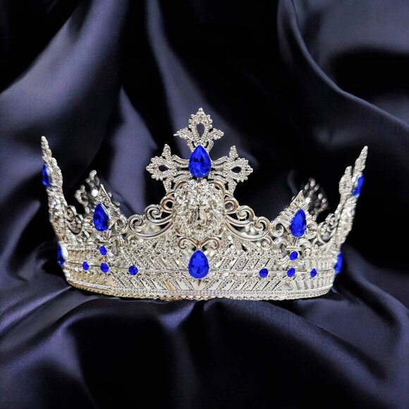 Silver Lion King Crown, Prince Wedding Headpiece, Blue Crystal Crown for Groom